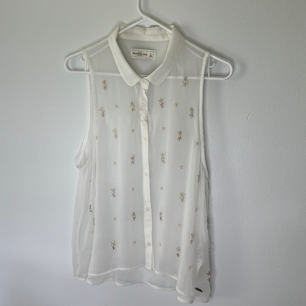 Abercrombie Sheer White Sleeveless Button Down Starburst Beaded Blouse Large